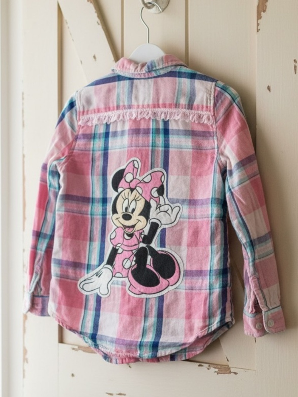DISNEY Minnie Mouse Pink Plaid Upcycled Flannel Graphic Shirt  Disneyland